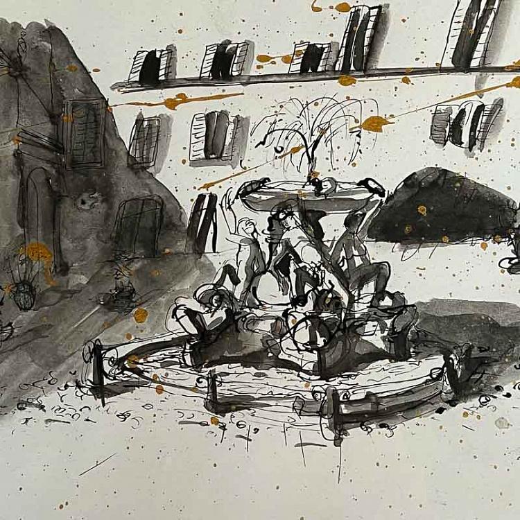 Рисунок тушью с золотом Фонтан Черепах Fontana Delle Tartarughe Drawing With Gold