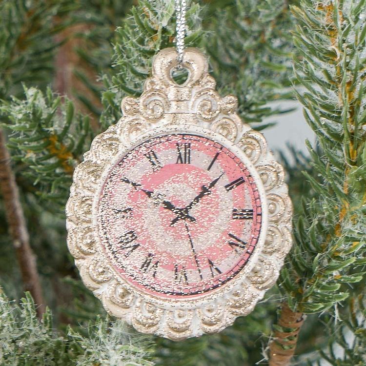 Набор из двух ёлочных игрушек Часы из Сладкого королевства Set Of 2 Candyland Clocks Pink Gold White 6 cm