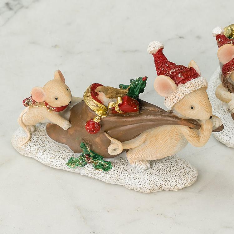 Набор из двух новогодних фигурок Мышки с мешками подарков Set Of 2 Xmas Mice With Gift Bag Brown Red White 12 cm