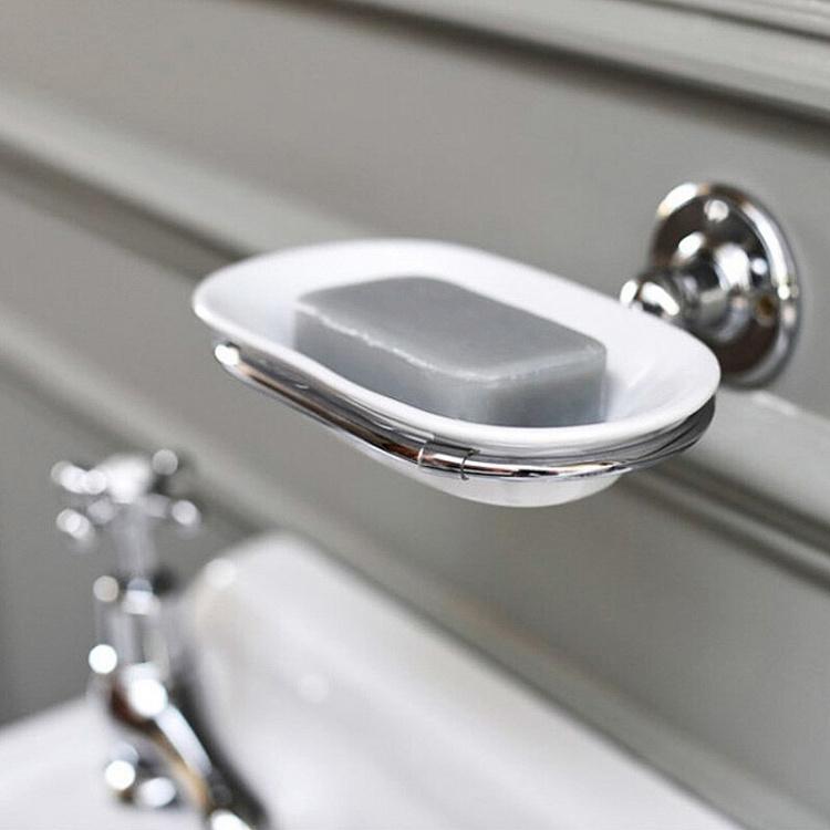 Настенная овальная белая мыльница в подставке цвета хром Soap Dish Chrome And White