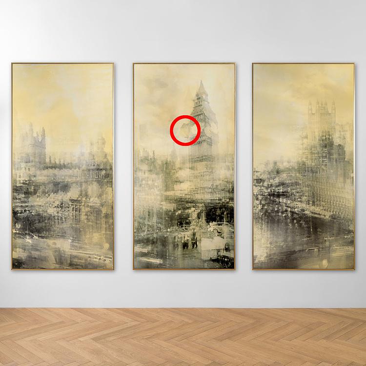 Картина-принт триптих Туманный город дисконт Set Of 3 Prints With Gold Frame Foggy City discount