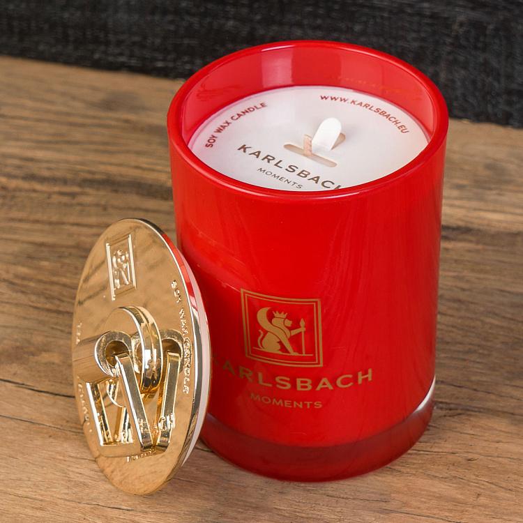 Аромасвеча в красном стакане с золотой крышкой Цветы апельсина Aroma Candle In Red Glass With Gold Lid Orange Blossoms