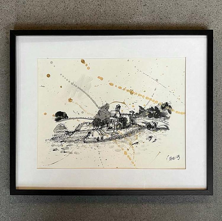 Рисунок тушью с золотом Остров Тиберина Isola Tiberina Drawing With Gold