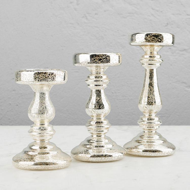 Набор из трёх подсвечников цвета шампань Set Of 3 Glass Antique Candle Holder Silver Champagne