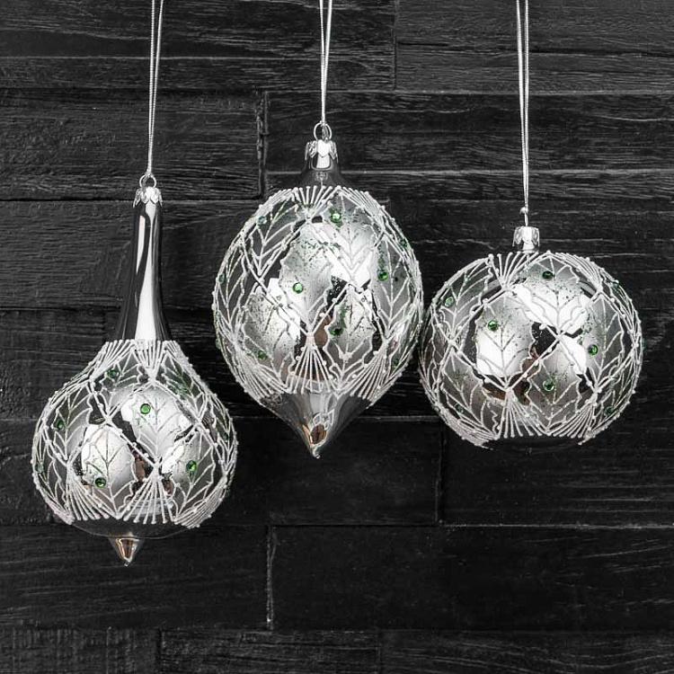Набор из трёх ёлочных шаров Листва Set Of 3 Glass Leaf Net Ball And Drops Green/White 10 cm