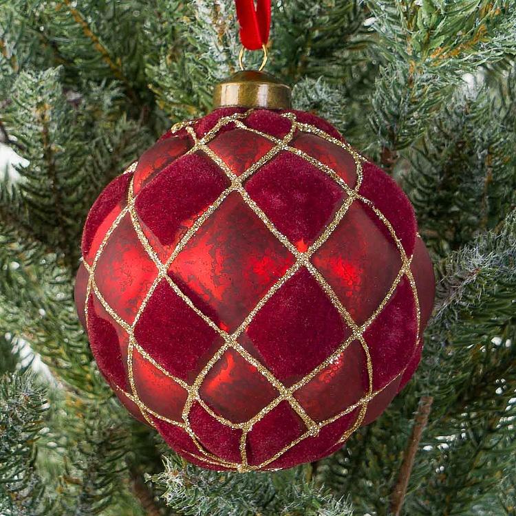 Ёлочная игрушка Бордовый шар с бархатными клетками Velvet Ball Burgundy 10 cm