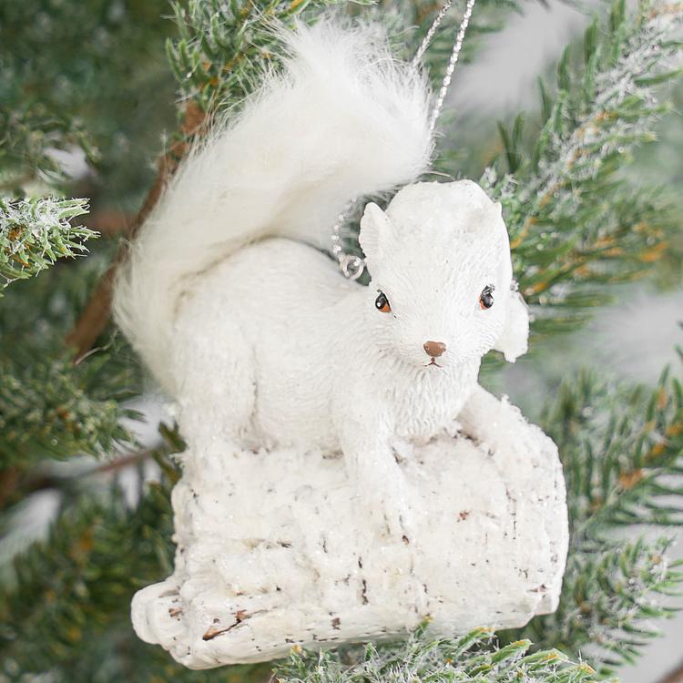 Набор из трёх ёлочных игрушек Олень, сова, белка Set Of 3 Snow Furry Deer Owl Squirrel White 12 cm