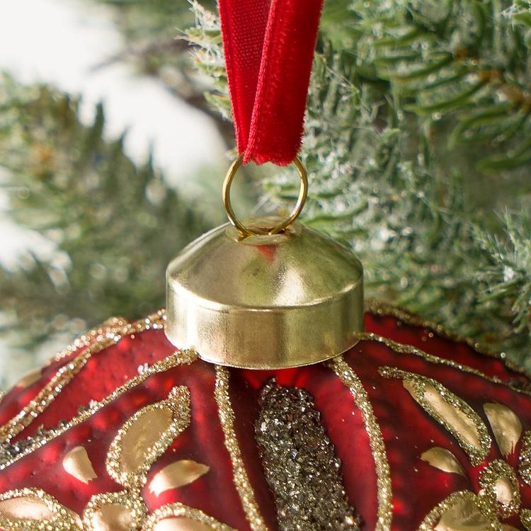 Ёлочная игрушка Красный многогранный шар с золотистыми цветами Golden Flowers Polyhedron Ball Red 10 cm