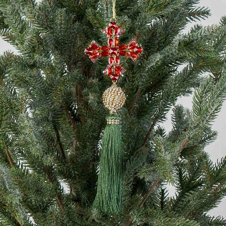 Новогодняя подвеска Рубиновый крест с зелёной кисточкой  Pendant Red Cross With Green Tassel 25 cm