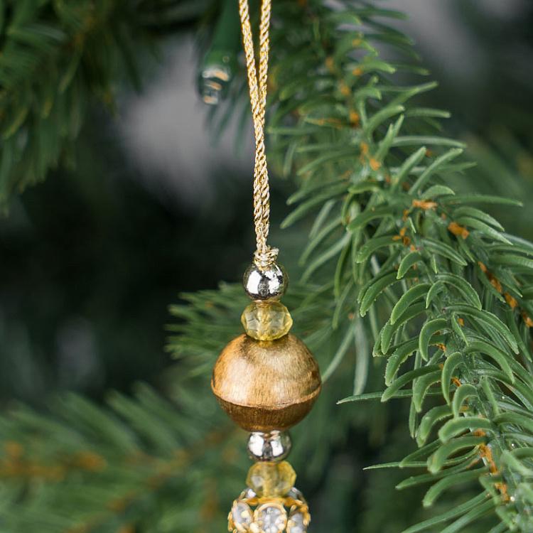 Новогодняя подвеска из бусин золотисто-зелёная с кисточкой  Beads Pendant With Tassel Gold Green 19 cm