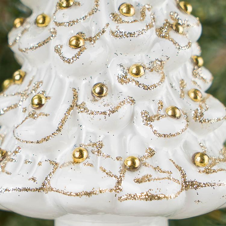 Ёлочная игрушка Белая ёлочка с золотыми бусинами Gold Beads Christmas Tree Ball White 12 cm