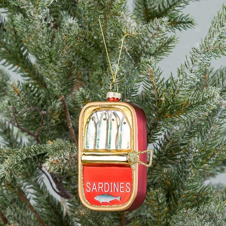 Ёлочная игрушка Банка сардин Glass Can Of Sardines Fish Gold Red 11,5 cm