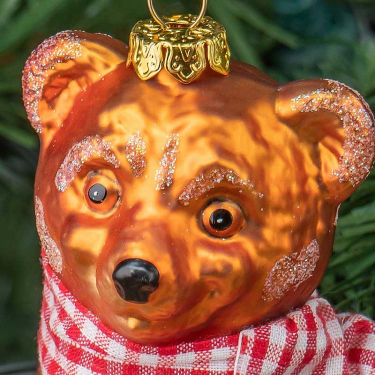 Набор из двух ёлочных игрушек Медведь и лиса в шарфе тартан Set Of 2 Glass Tartan Scarf Bear And Fox Brown 10 cm