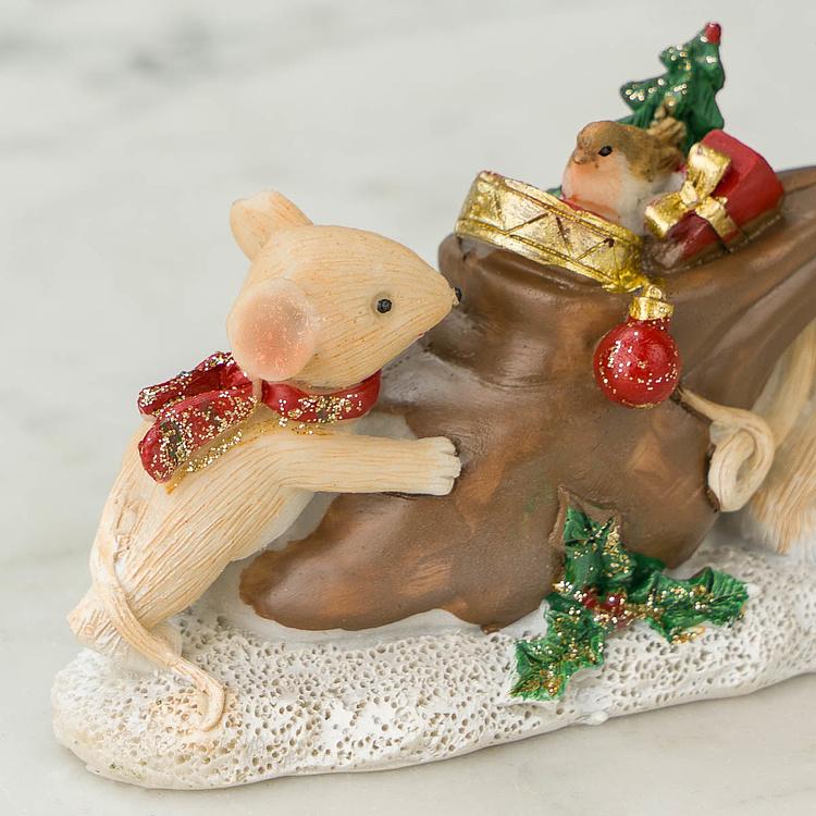 Набор из двух новогодних фигурок Мышки с мешками подарков Set Of 2 Xmas Mice With Gift Bag Brown Red White 12 cm