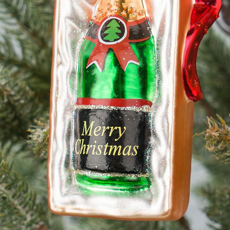 Набор из двух ёлочных игрушек Бутылки шампанского в праздничной упаковке Set Of 2 Glass Champagne Bottles Gift Box Green 16 cm