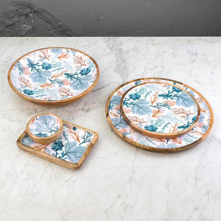 Круглая сервировочная тарелка из дерева манго Кораллы, L Coral Mango Wood Round Serving Plate Large