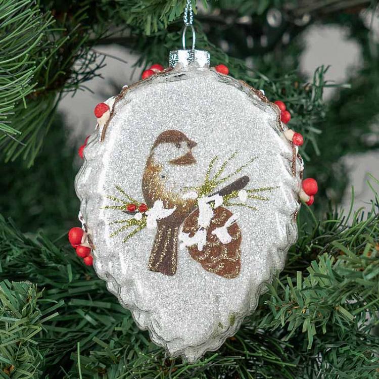 Ёлочная игрушка Белая шишка с птичкой Glass Bird Scene Pinecone White 12 cm