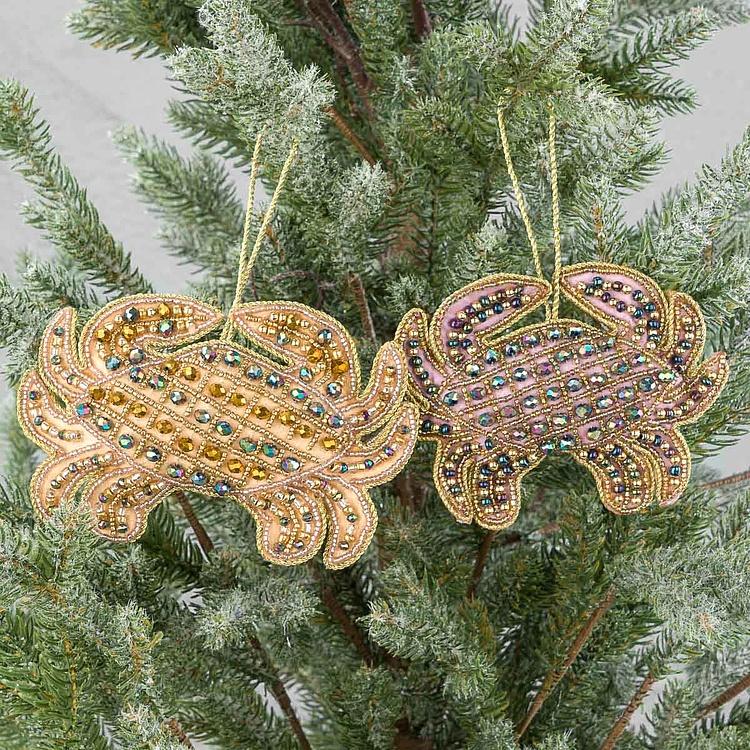 Набор из двух ёлочных игрушек Вышитые бисером крабы Set Of 2 Embroidered Beaded Crabs Purple Gold 16 cm