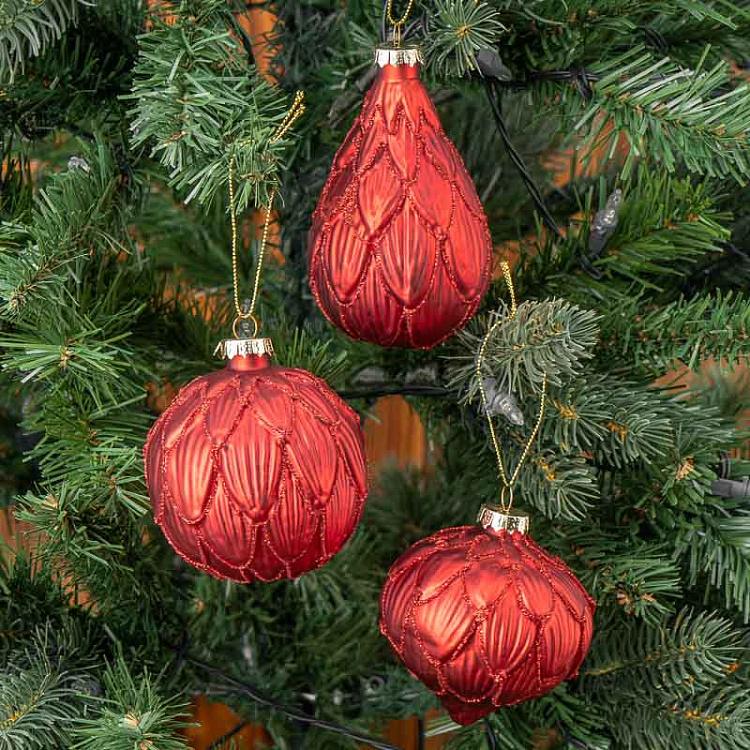 Набор из трёх красных ёлочных шаров Лепестки с блёстками Set Of 3 Glass Glitter 3D Petal Balls Red 8 cm