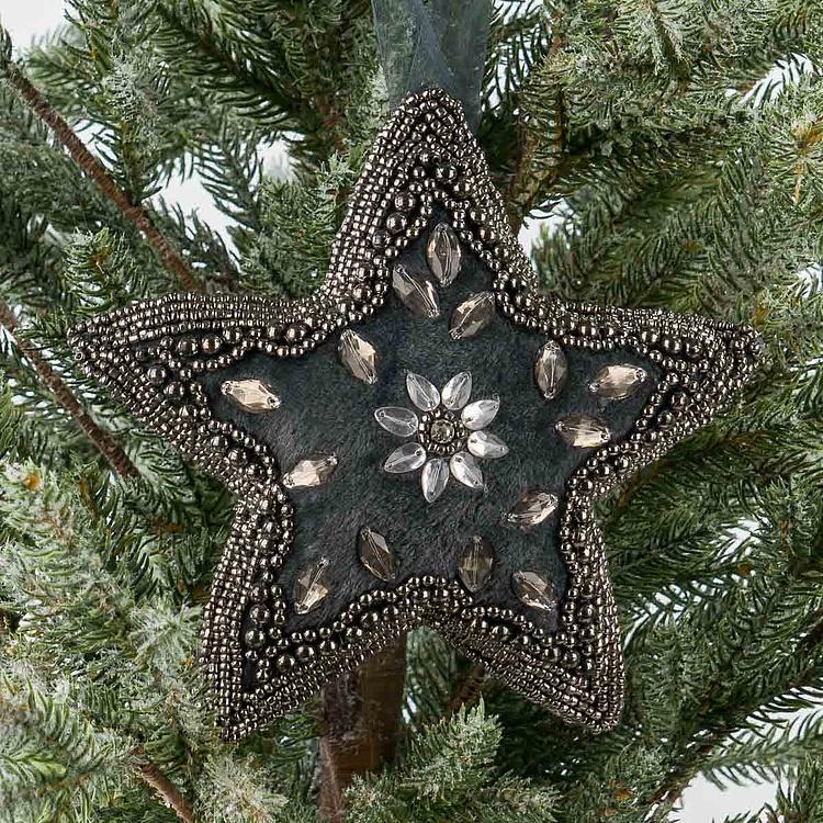 Ёлочная игрушка Серая бархатная звезда со стразами Beaded Hanger Star Grey Silver 20 cm