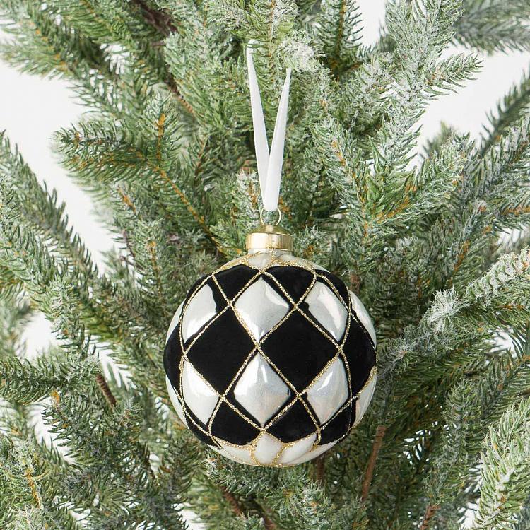 Ёлочная игрушка Чёрно-белый шар в клетку Checkered Ball Black White 10 cm