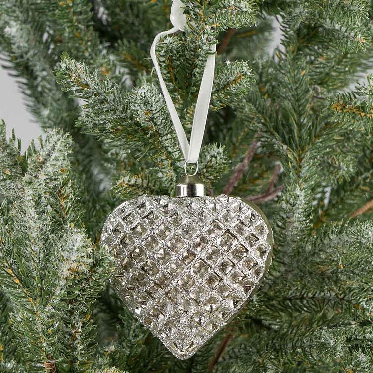 Ёлочная игрушка Серебристое рельефное сердце Relief Heart Shaped Ball Silver 9 cm