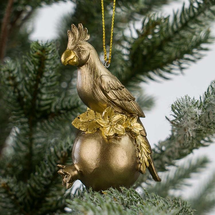 Набор из двух ёлочных игрушек Попугай и тукан на плодах граната Set Of 2 Parrots On Pomegranate Gold 9 cm