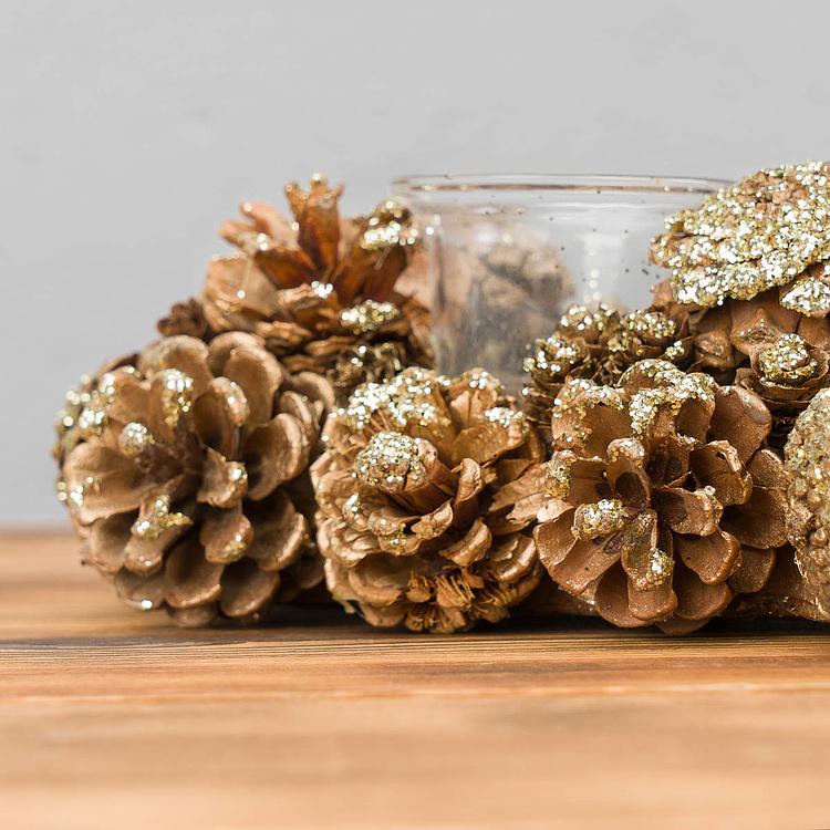 Подсвечник на три свечи с золотыми шишками 3 Votives Holder With Pinecones Gold