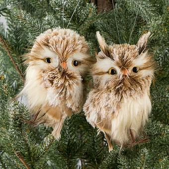 Set Of 2 Furry Owls Brown Cream 16 cm