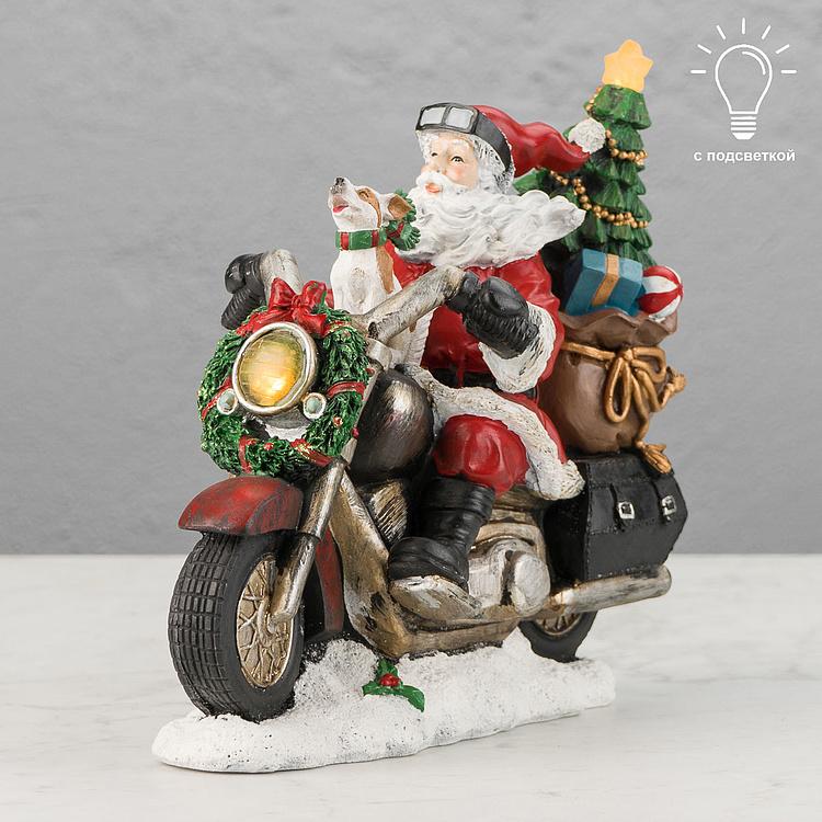 Новогодняя фигурка с подсветкой Санта на мотоцикле Led Santa With Motorbike Red 30 cm