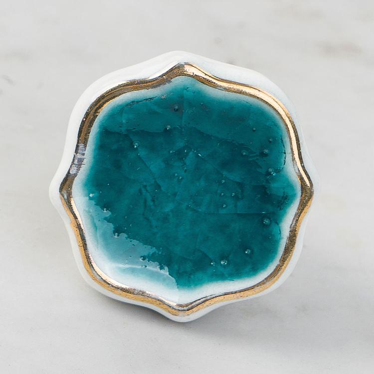 Керамическая мебельная ручка с кракелюром Четырёхлистник синий Cracked Glass Quatrefoil Gold Ceramic Knob Blue