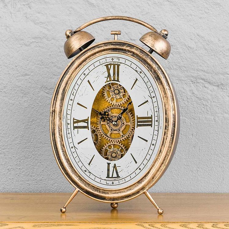 Настольные золотистые часы с шестерёнками и зеркальным циферблатом Честер 1 Chester Antique Gold Table Clock With Gears 1