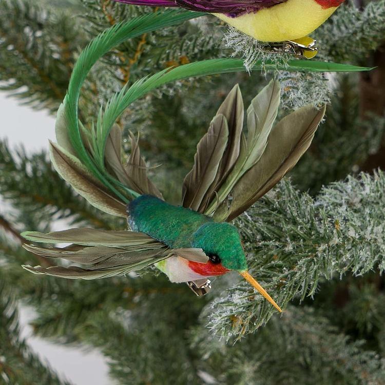 Набор из двух ёлочных игрушек на клипсе Колибри зелёная и фиолетовая Set Of 2 Plume Fly Hummingbirds On Clip Green Purple 18 cm