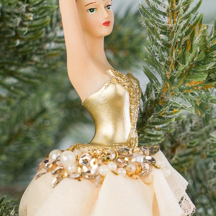 Набор из трёх ёлочных игрушек Балерины в платьях с жемчугом Set Of 3 Fabric Pearl Ballerinas White Gold 19 cm