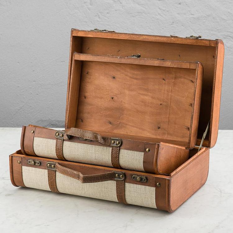 Набор из двух бежевых декоративных чемоданов Set Of 2 Wood Fabric Suitcase Boxes Cream