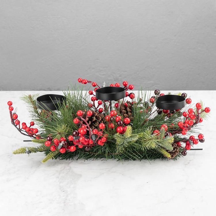Светодиодный подсвечник-венок на батарейках с шишками и ягодами Led Lantern Metal Pine/Berry On 3 Batteries