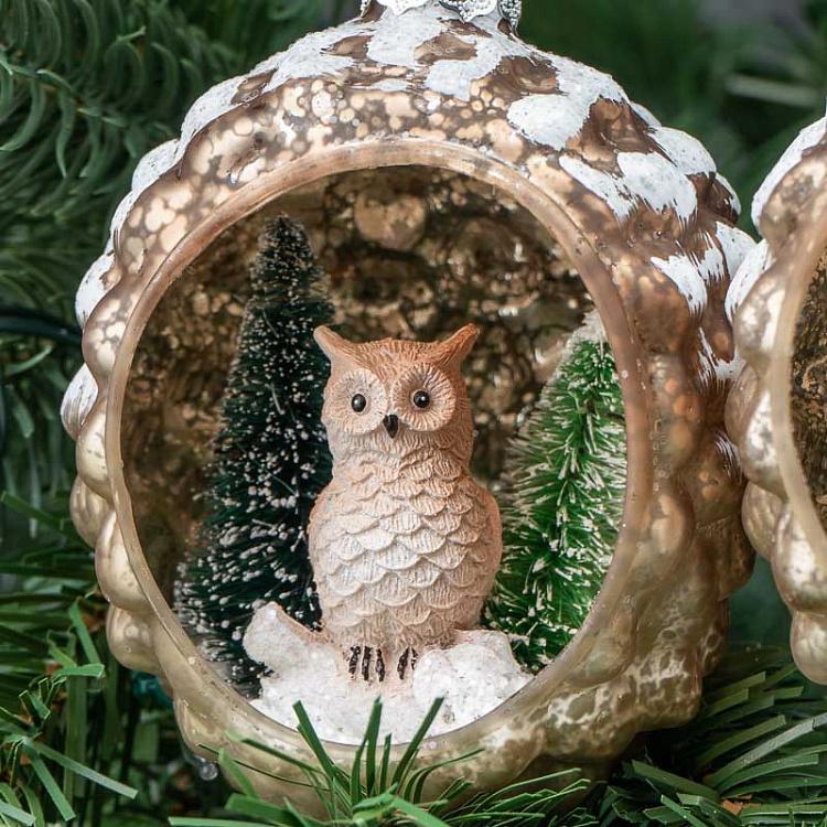 Набор из двух ёлочных игрушек Олени и сова в открытой шишке Set Of 2 Glass Deer And Owl In Open Pinecones Brown 10 cm
