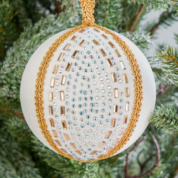 Ёлочная игрушка Белый бархатный шар с золотистыми стразами Rhinestones Textile Ball White 9 cm