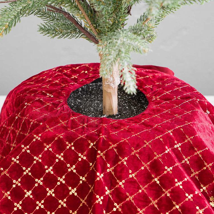 Бордовый коврик-юбка под ёлку в золотистую клетку Christmas Tree Skirt Burgundy And Gold 93 cm