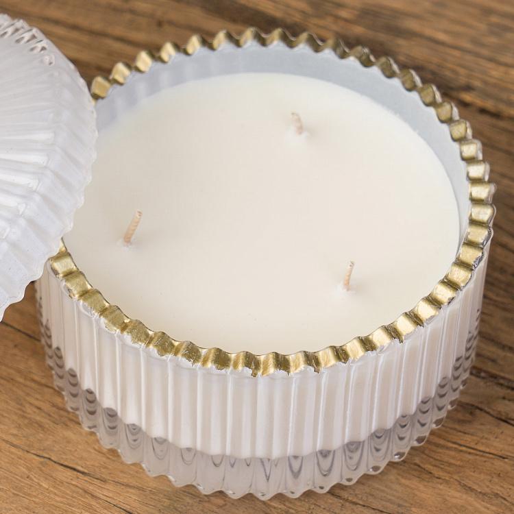 Аромасвеча в белом рифлёном стакане Шёлковый цветок, S Aroma Candle In White Striped Glass Silk Flower Small