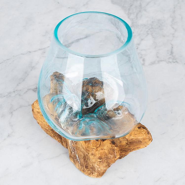 Стеклянная ваза на основании из корней тика Vase Ovale En Verre Sur Support En Racine De Teck