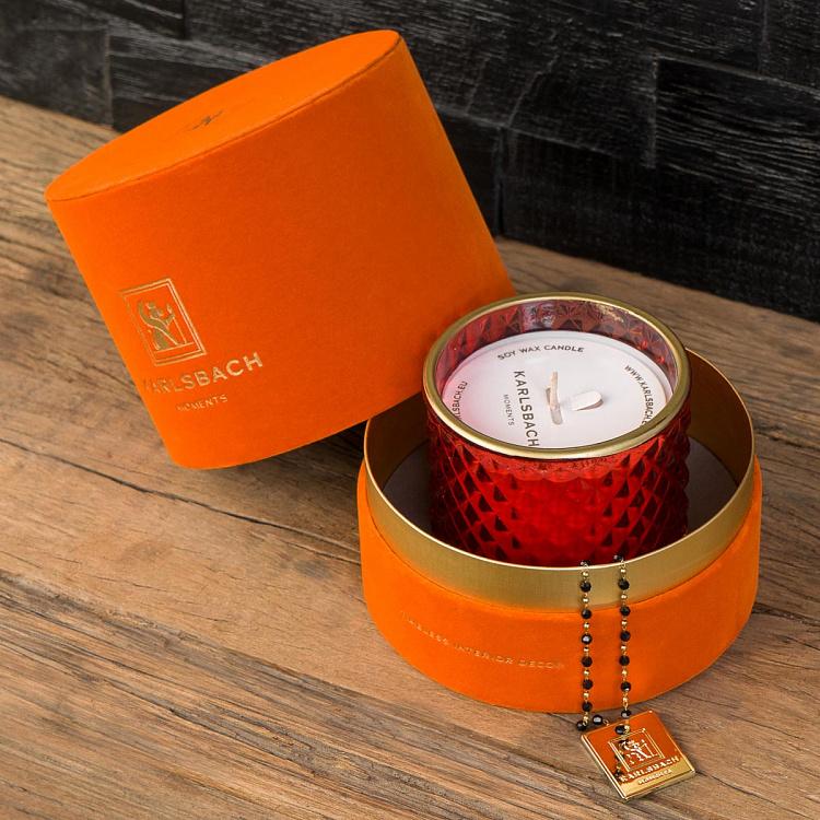 Аромасвеча в красном фасетном стакане Фиолетоволистная роза, S Aroma Candle In Red Faceted Glass Berry Rose Small