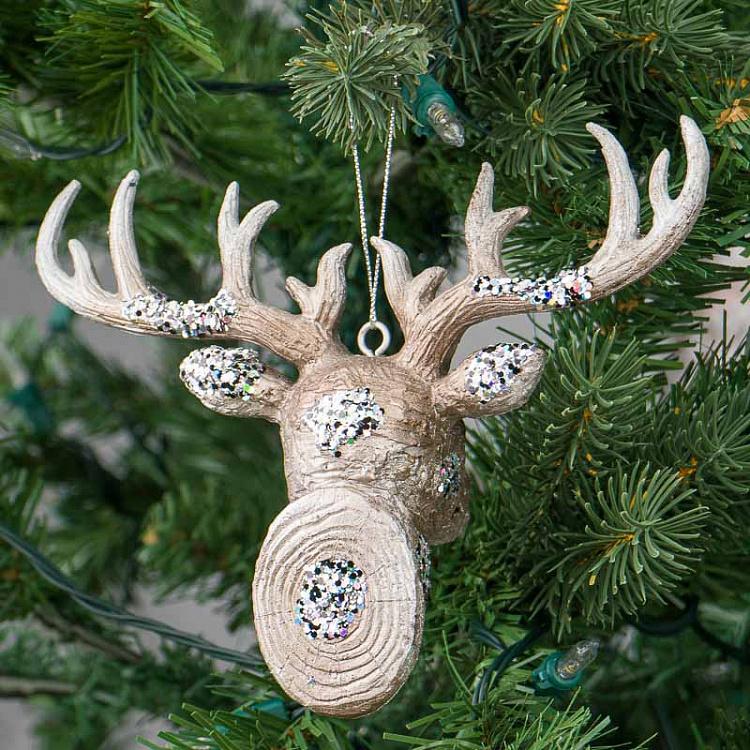 Ёлочная игрушка Голова оленя цвета шампань в блёстках Hanger Deer Head Champagne With Glitter 16 cm