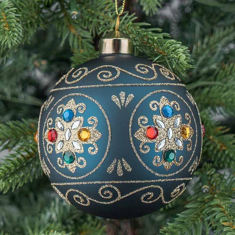 Ёлочная игрушка Синий шар с узором и стразами Pattern Ball Blue 10 cm