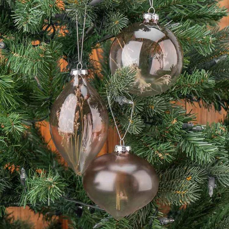 Набор из трёх прозрачных ёлочных шаров с сухоцветами внутри Set Of 3 Glass Dried Flower Balls Clear/Brown 10 cm