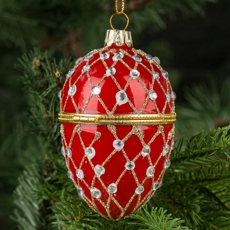 Ёлочная игрушка-шкатулка Красное яйцо с сеточным узором Xmas Egg Box Jewel Net Red 9 cm