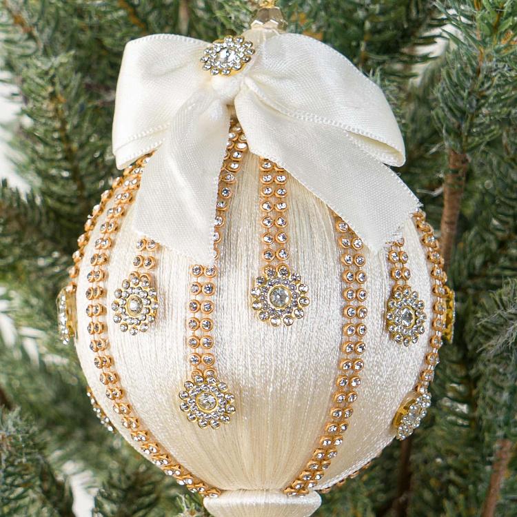 Новогодняя подвеска Бежевый шар с бантом, стразами и кисточкой Rhinestones Beige Ball Pendant With Tassel 26 cm
