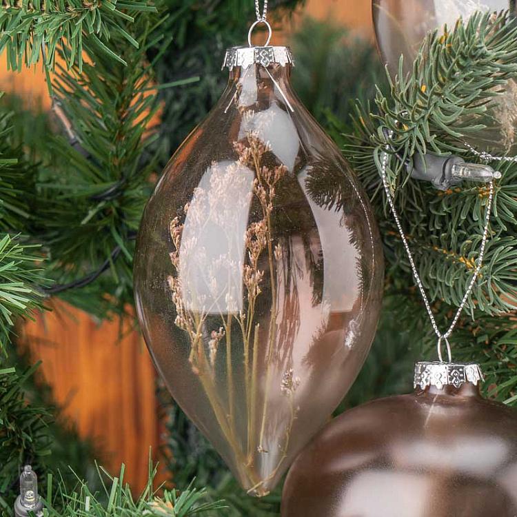 Набор из трёх прозрачных ёлочных шаров с сухоцветами внутри Set Of 3 Glass Dried Flower Balls Clear/Brown 10 cm