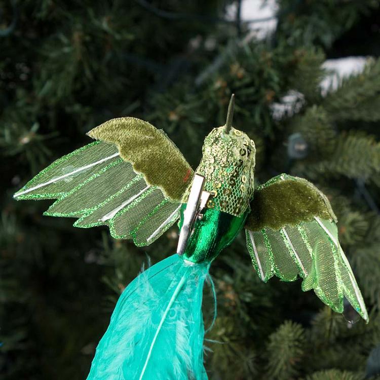 Набор из двух ёлочных игрушек Колибри на прищепке Set Of 2 Flying Hummingbirds On Clip Blue/Green 20 cm