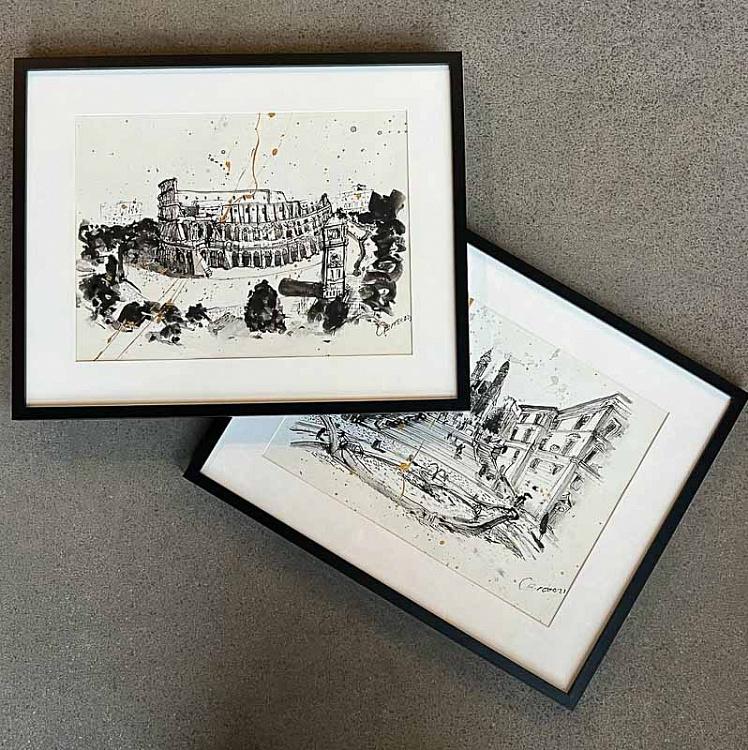 Рисунок тушью с золотом Колизей Colosseo Drawing With Gold